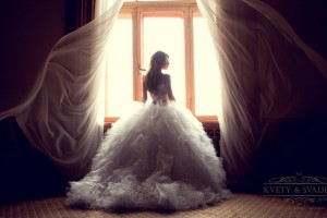 The beautiful bride against a window indoors